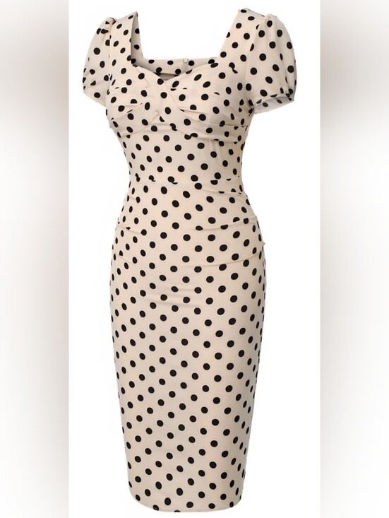 Retro Stage Dresses & Skirts - Retro Stage 60's Style Polka Dot Puff Sleeve Dress in Beige and Black, Size 2XL